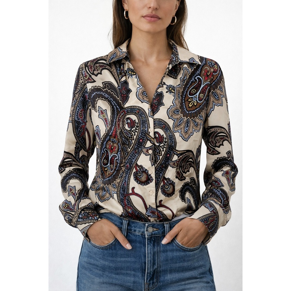 East‎ 5th Paisley Button Front Blouse Size 6 Long Sleeve Silky Polyester Top